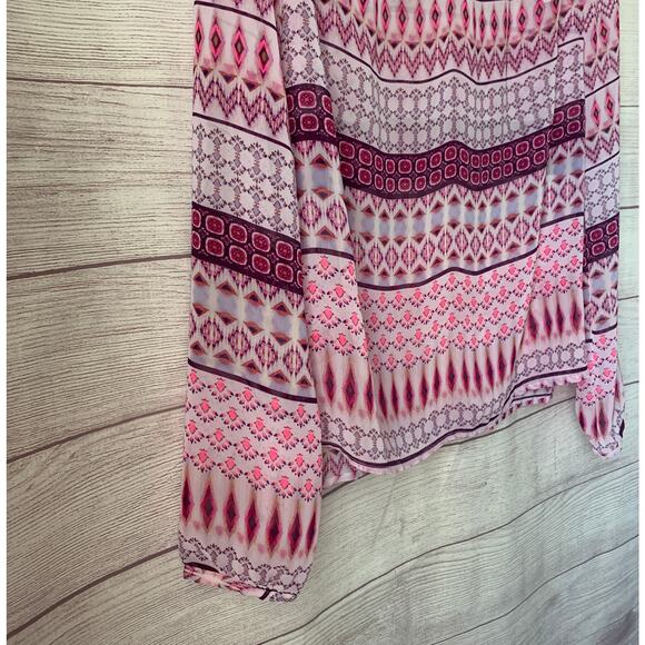 Decree Pink Sheer Geometric Pattern Blouse Swim Cover Up Tie Neck Size M - Picture 13 of 16